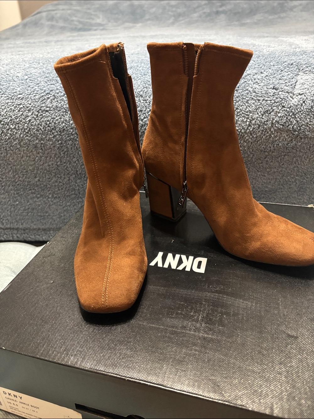 DKNY Tan Suede Block-Heel Ankle Boots